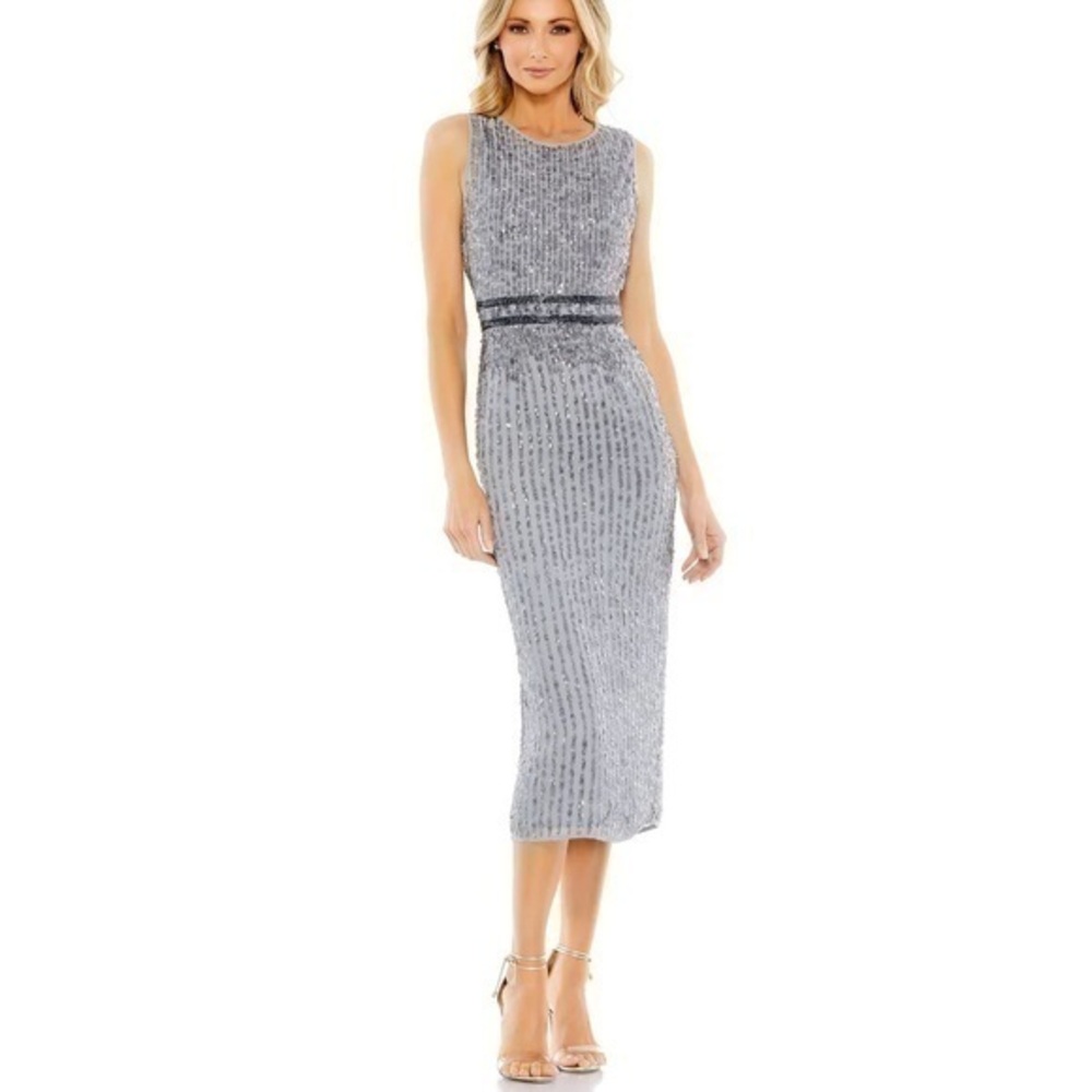 MAC DUGGAL Platinum Sleeveless High Neck Beaded Midi Sheath Dress